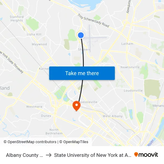 Albany County Jail to State University of New York at Albany map