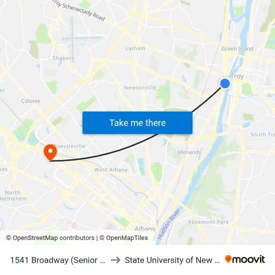 1541 Broadway (Senior Citizen Center) to State University of New York at Albany map
