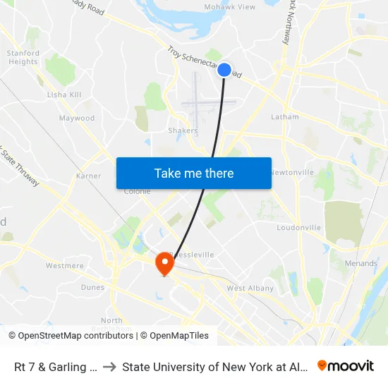 Rt 7 & Garling Rd to State University of New York at Albany map