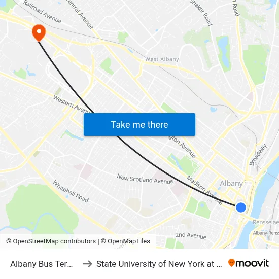 Albany Bus Terminal to State University of New York at Albany map