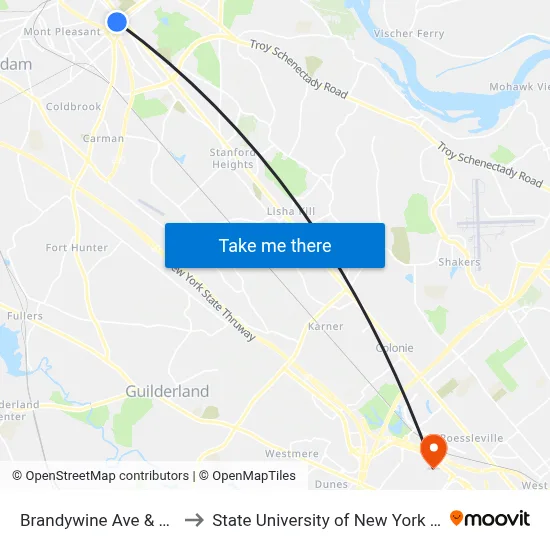 Brandywine Ave & Odell St to State University of New York at Albany map