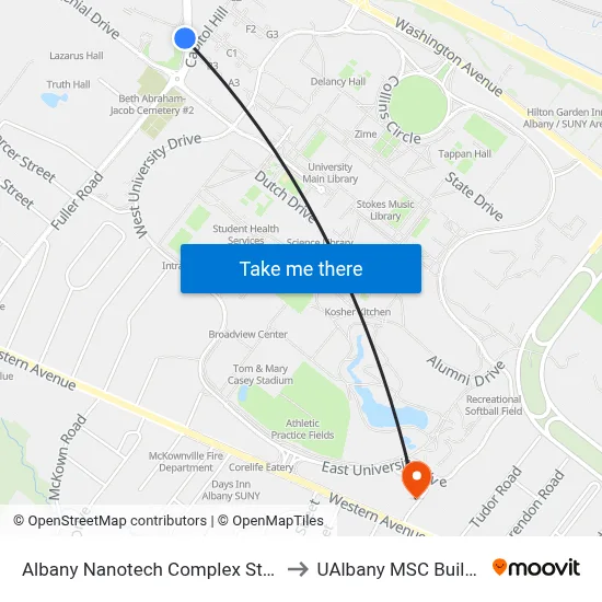 Albany Nanotech Complex Station to UAlbany MSC Building map