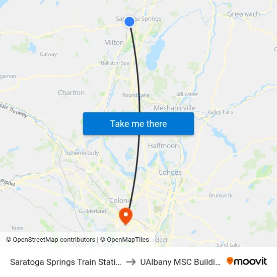 Saratoga Springs Train Station to UAlbany MSC Building map