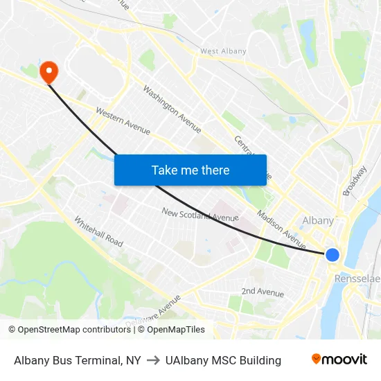 Albany Bus Terminal, NY to UAlbany MSC Building map