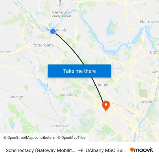 Schenectady (Gateway Mobility Hub) to UAlbany MSC Building map