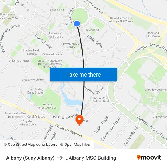Albany (Suny Albany) to UAlbany MSC Building map