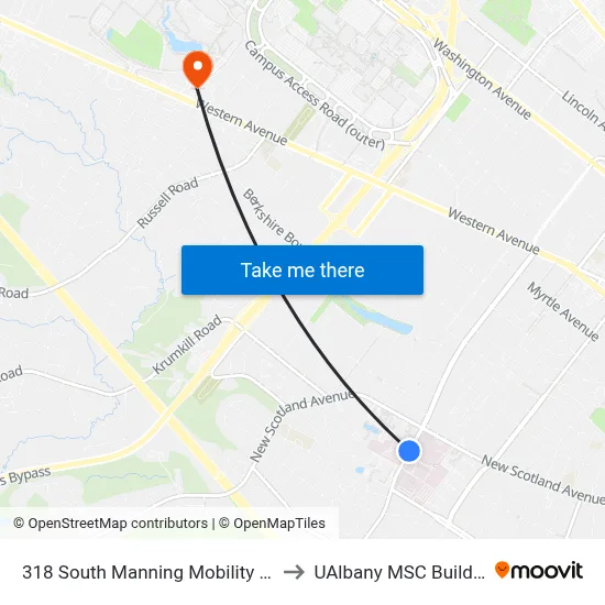318 South Manning Mobility Hub to UAlbany MSC Building map