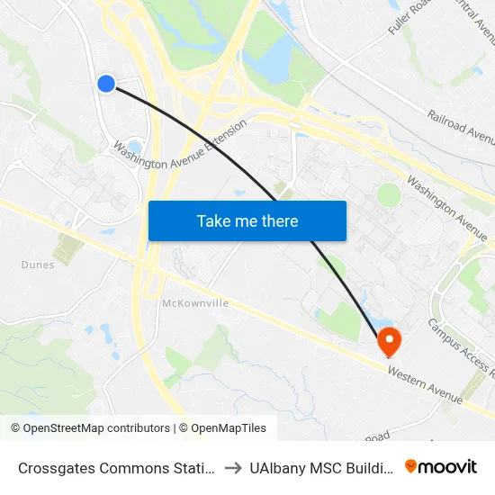 Crossgates Commons Station to UAlbany MSC Building map