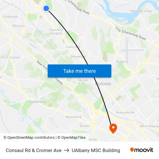 Consaul Rd & Cromer Ave to UAlbany MSC Building map