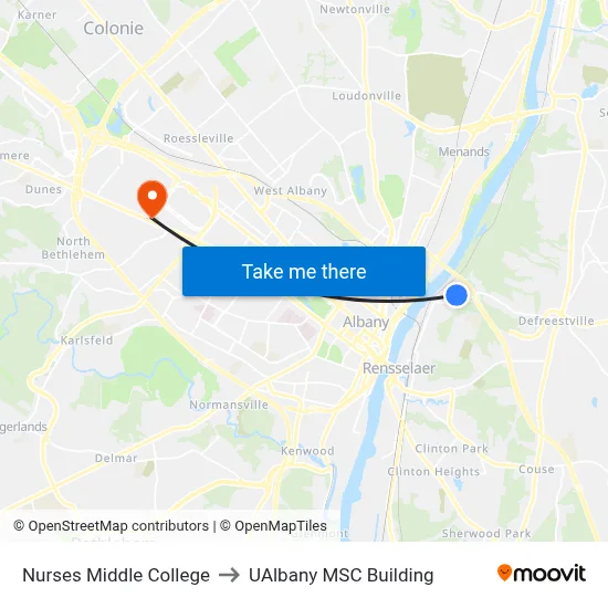Nurses Middle College to UAlbany MSC Building map
