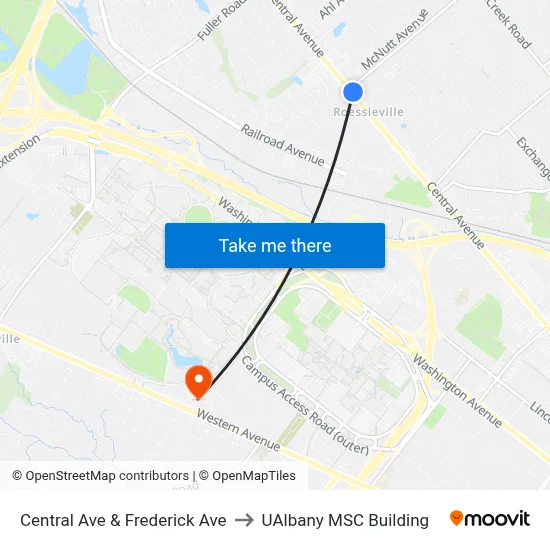 Central Ave & Frederick Ave to UAlbany MSC Building map