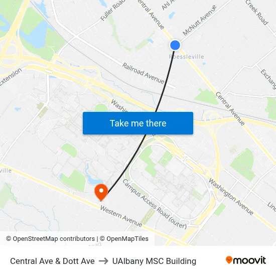 Central Ave & Dott Ave to UAlbany MSC Building map