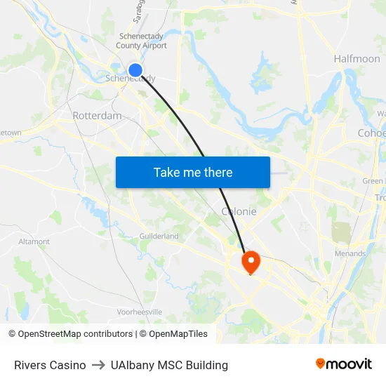 Rivers Casino to UAlbany MSC Building map