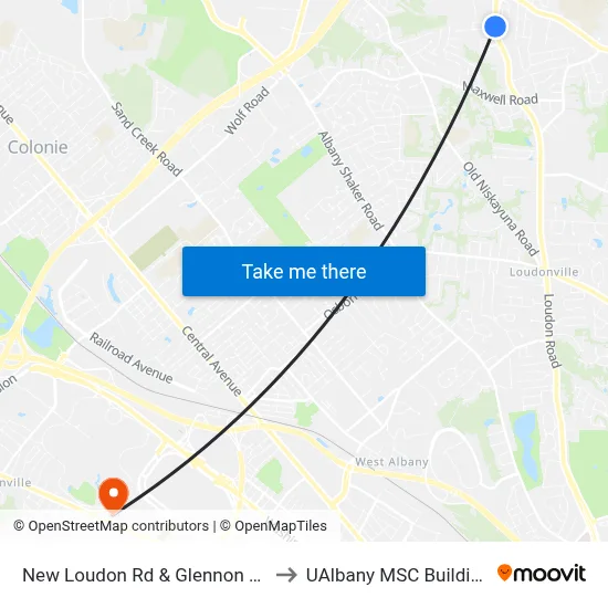 New Loudon Rd & Glennon Rd to UAlbany MSC Building map