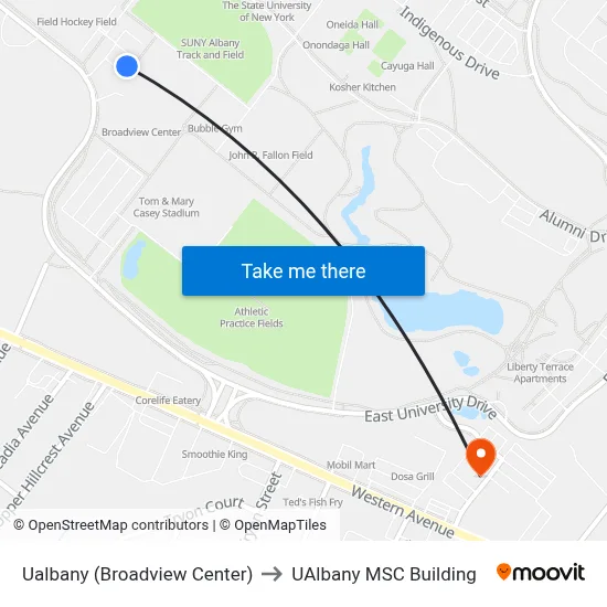 Ualbany (Broadview Center) to UAlbany MSC Building map