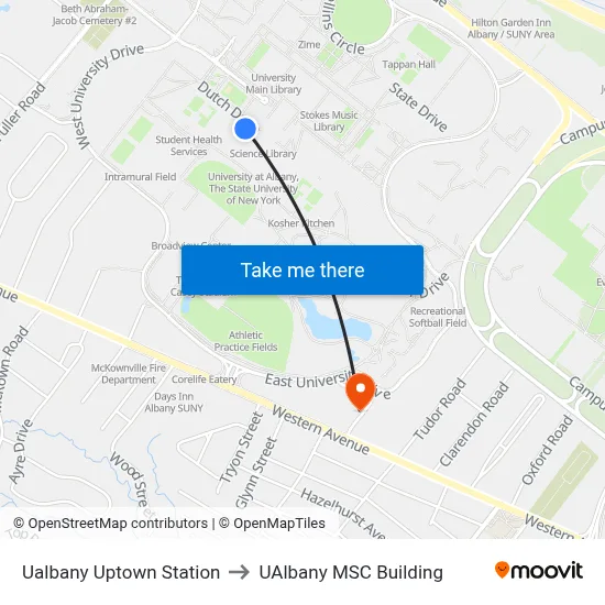 Ualbany Uptown Station to UAlbany MSC Building map