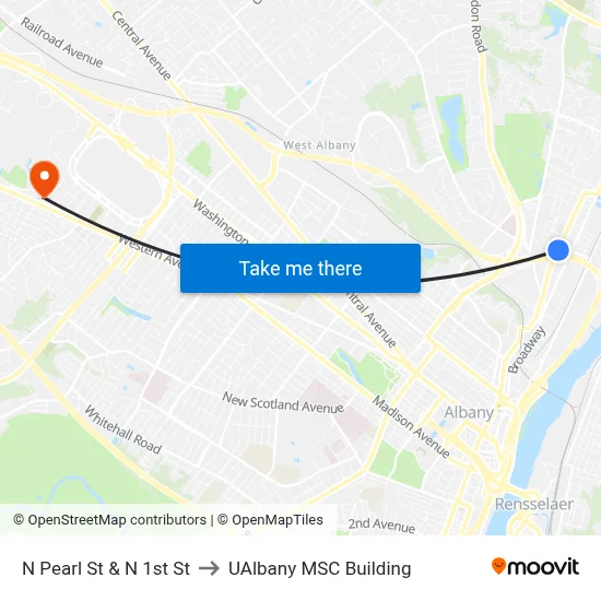 N Pearl St & N 1st St to UAlbany MSC Building map