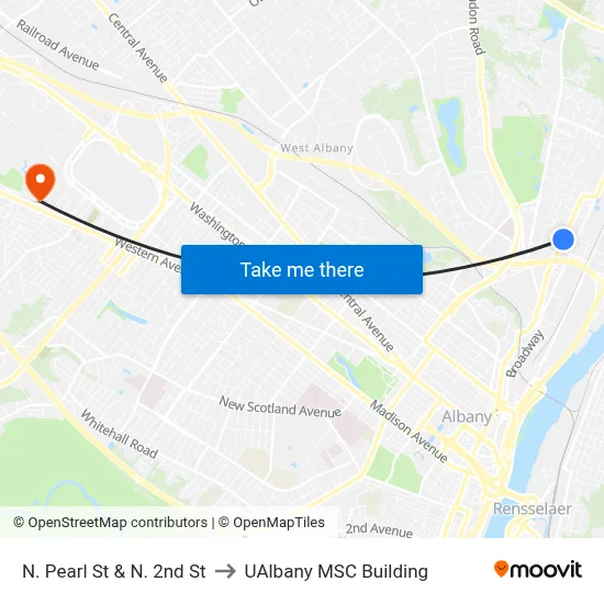 N. Pearl St & N. 2nd St to UAlbany MSC Building map