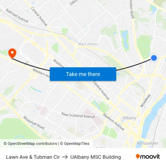 Lawn Ave & Tubman Cir to UAlbany MSC Building map