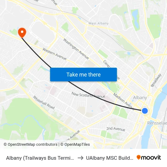 Albany (Trailways Bus Terminal) to UAlbany MSC Building map