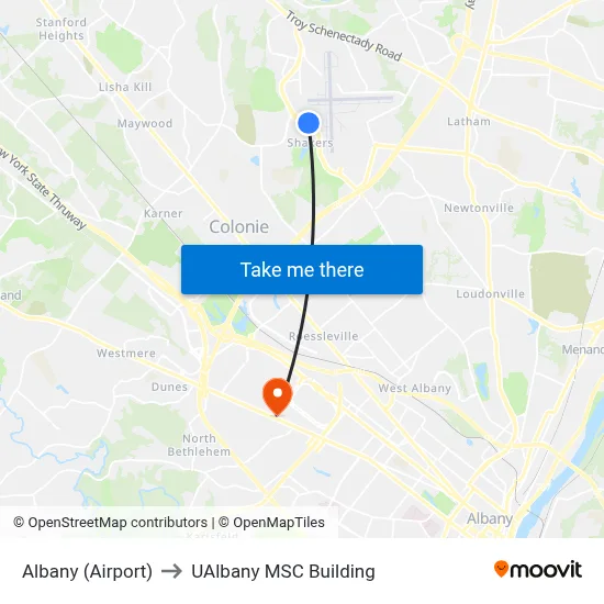 Albany (Airport) to UAlbany MSC Building map