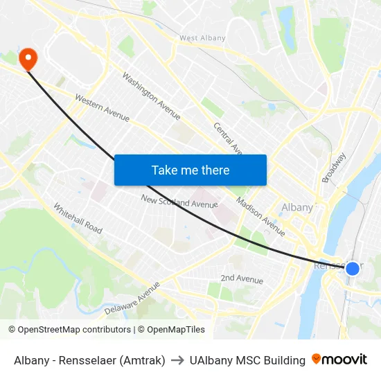 Albany - Rensselaer (Amtrak) to UAlbany MSC Building map