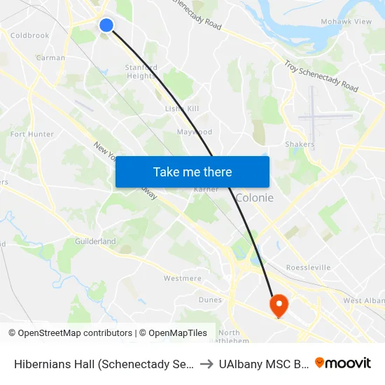 Hibernians Hall (Schenectady Senior Center) to UAlbany MSC Building map