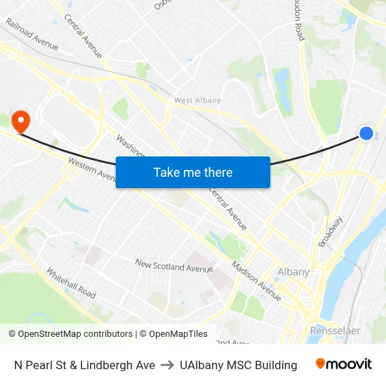 N Pearl St & Lindbergh Ave to UAlbany MSC Building map