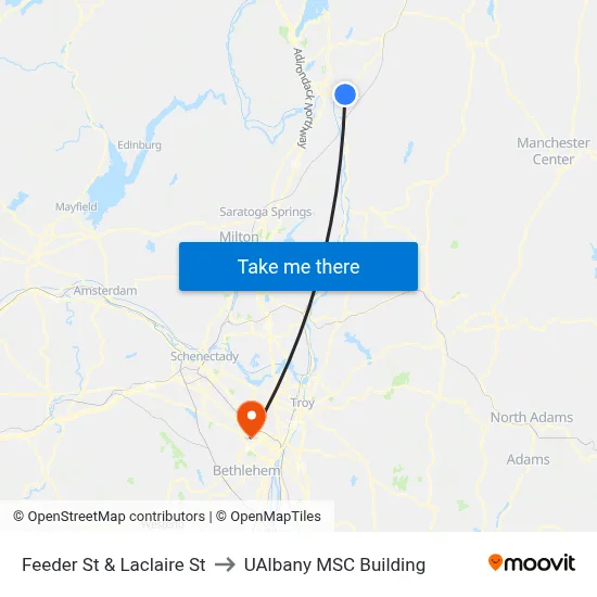 Feeder St & Laclaire St to UAlbany MSC Building map