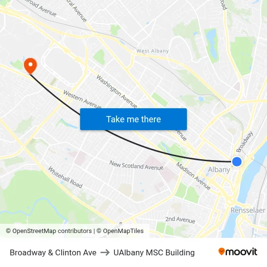Broadway & Clinton Ave to UAlbany MSC Building map
