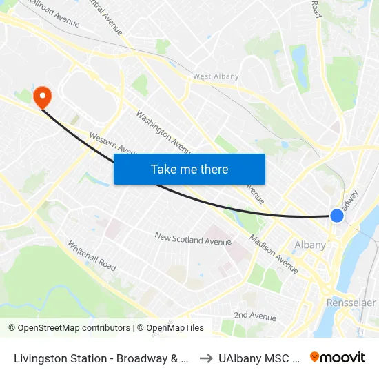 Livingston Station - Broadway & Livingston Ave to UAlbany MSC Building map
