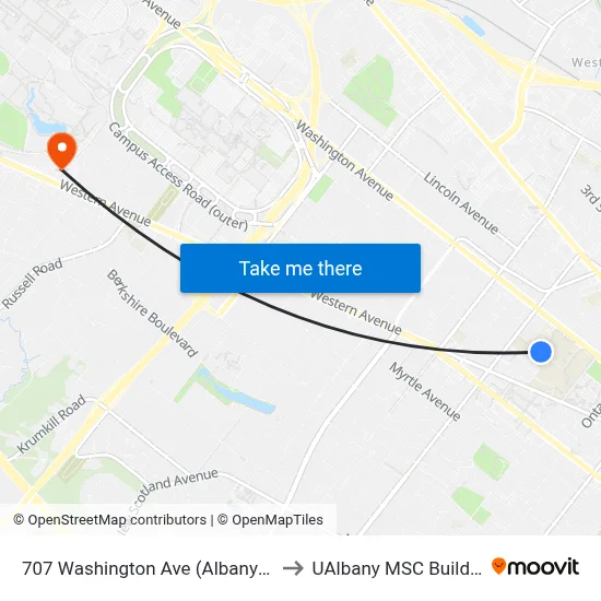 707 Washington Ave (Albany Hs) to UAlbany MSC Building map
