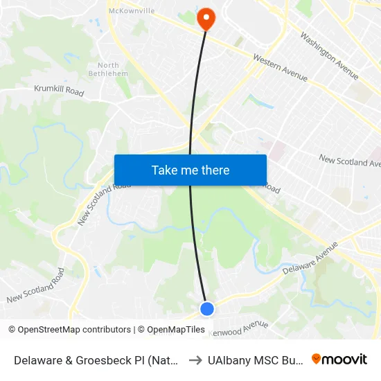 Delaware & Groesbeck Pl (Nature Bus) to UAlbany MSC Building map