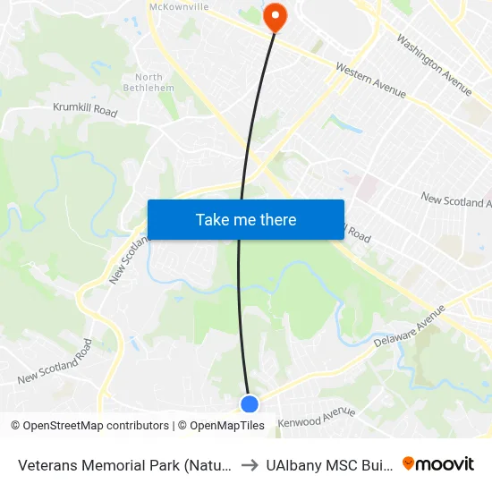 Veterans Memorial Park (Nature Bus) to UAlbany MSC Building map