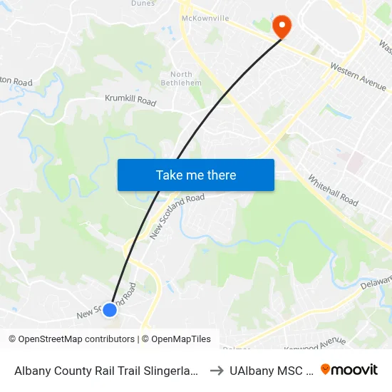 Albany County Rail Trail Slingerlands (Nature Bus) to UAlbany MSC Building map