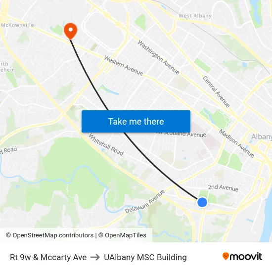 Rt 9w & Mccarty Ave to UAlbany MSC Building map