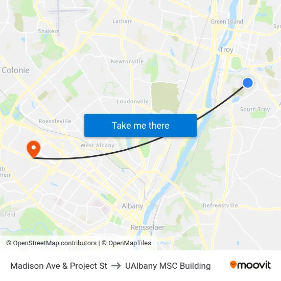 Madison Ave & Project St to UAlbany MSC Building map