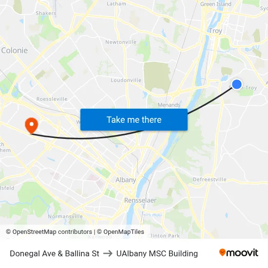 Donegal Ave & Ballina St to UAlbany MSC Building map