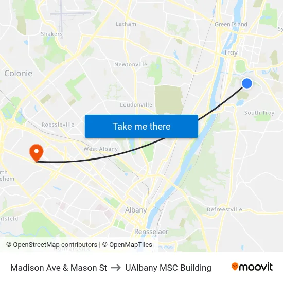Madison Ave & Mason St to UAlbany MSC Building map