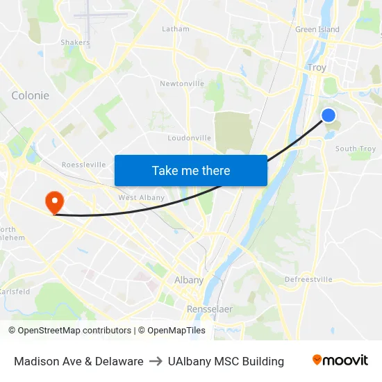 Madison Ave & Delaware to UAlbany MSC Building map