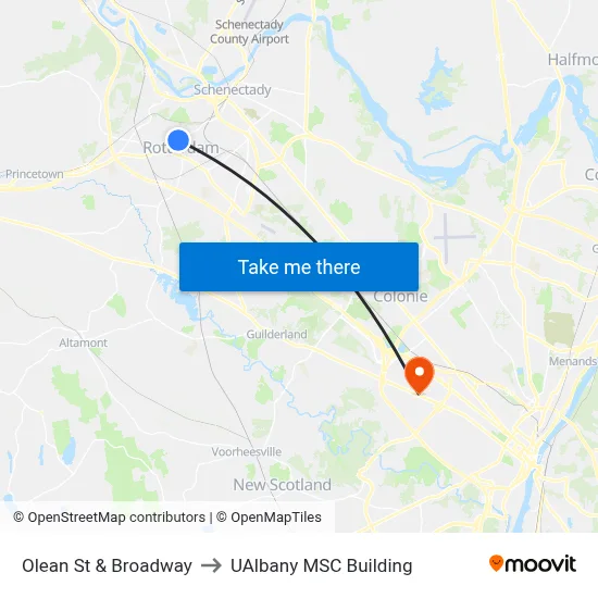 Olean St & Broadway to UAlbany MSC Building map