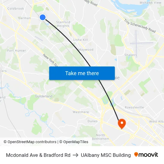 Mcdonald Ave & Bradford Rd to UAlbany MSC Building map