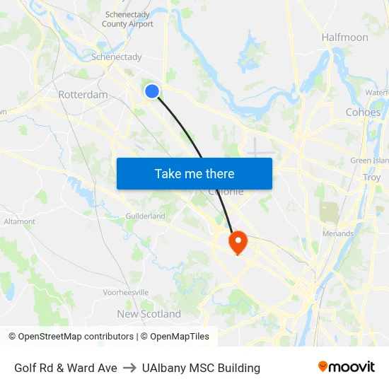 Golf Rd & Ward Ave to UAlbany MSC Building map