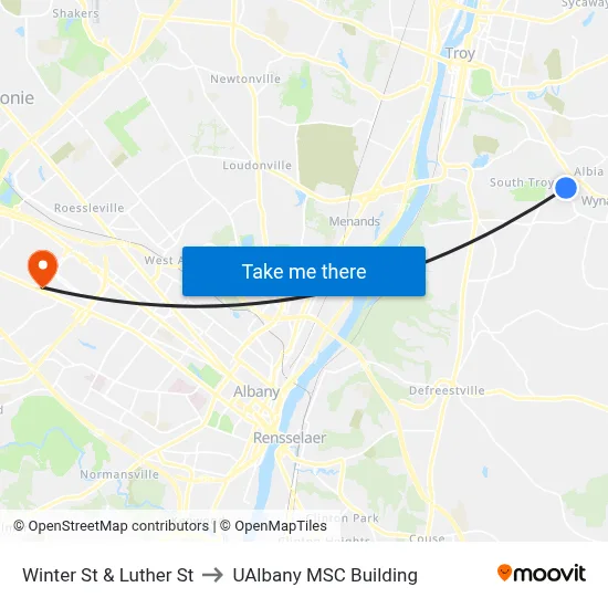 Winter St & Luther St to UAlbany MSC Building map