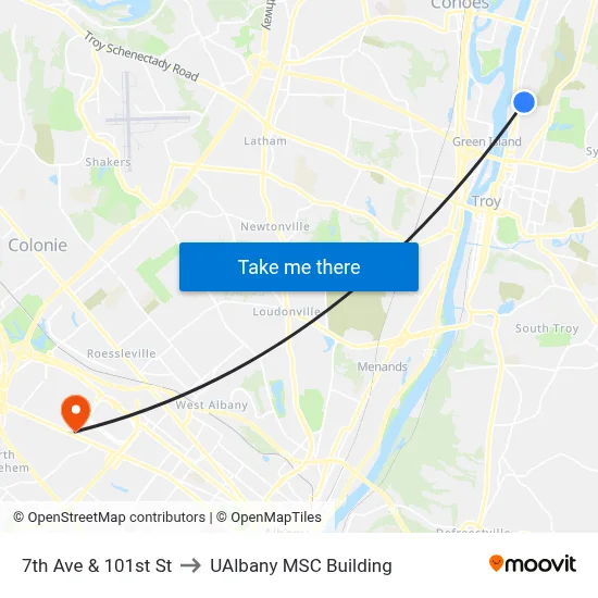 7th Ave & 101st St to UAlbany MSC Building map