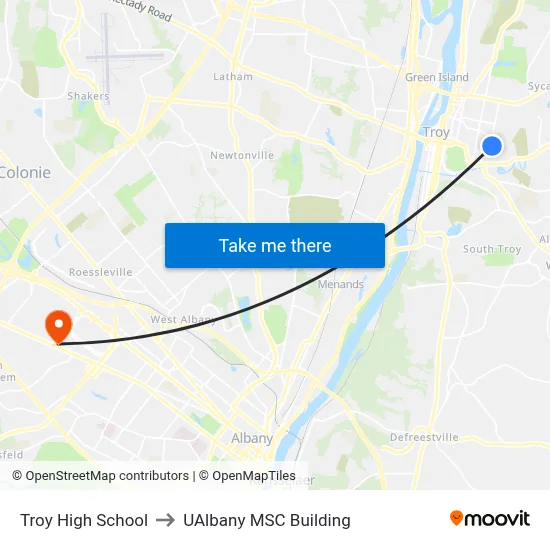 Troy High School to UAlbany MSC Building map