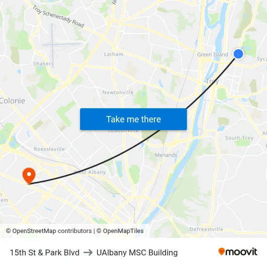 15th St & Park Blvd to UAlbany MSC Building map