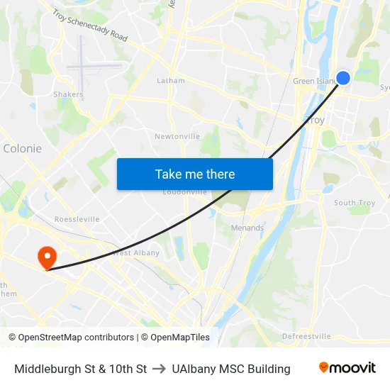 Middleburgh St & 10th St to UAlbany MSC Building map