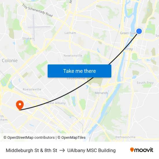 Middleburgh St & 8th St to UAlbany MSC Building map