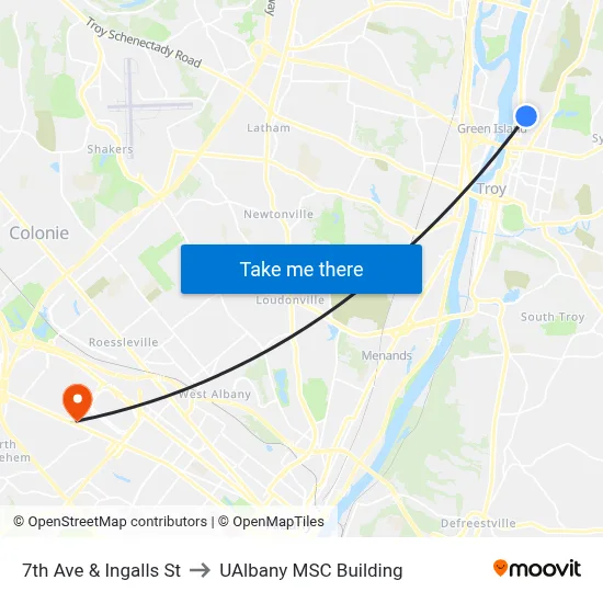 7th Ave & Ingalls St to UAlbany MSC Building map